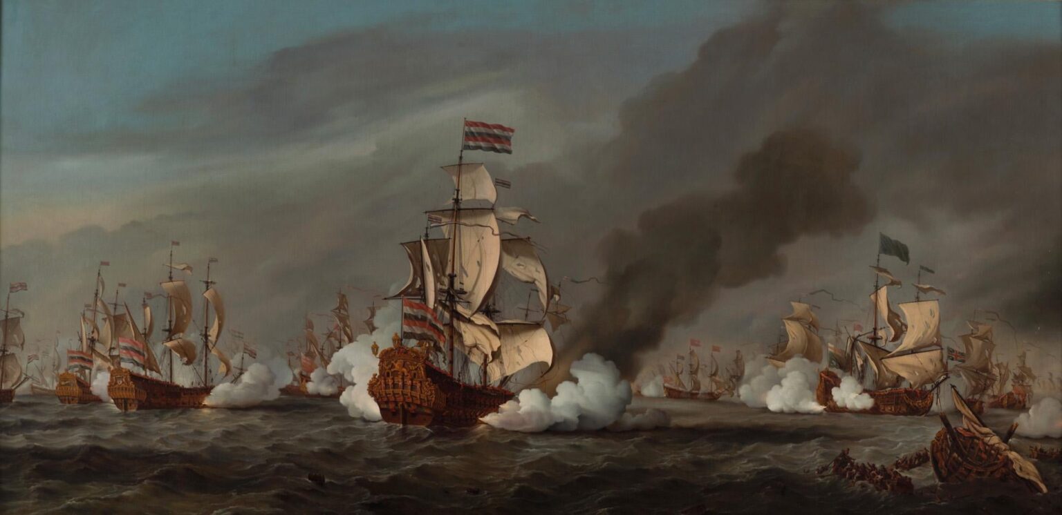 Cornelis Tromp's flagship during the battle of Kijkduin, 1673. In this battle, Michiel de Ruyter managed to defeat the much larger combined English-French fleet with the Dutch fleet, thus saving the Republic from destruction.