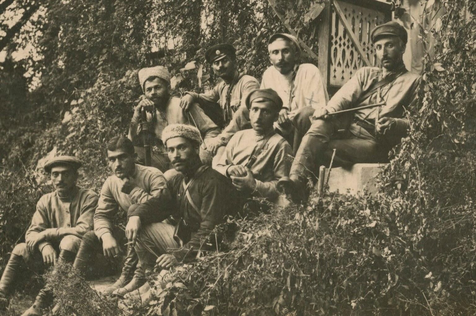 Georgian soldiers in Gagra, 1919. In February 1919, Denikin's Russian army attacked Georgians and captured Gagra, which Denikin claimed was "purely Russian city". In response, in April, Georgian troops counter-attacked and kicked the enemy troops out, securing Gagra within Georgian borders.