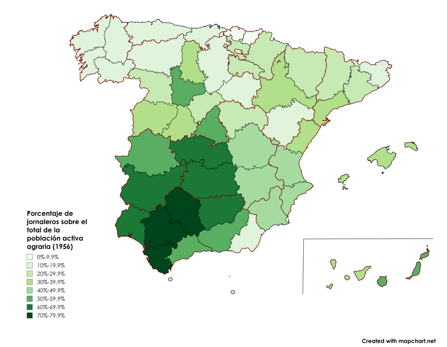 Percentage of day laborers over the active agricultural population (1956) Source: National income of Spain and its provincial distribution 1957 citing the 1956 agricultural survey