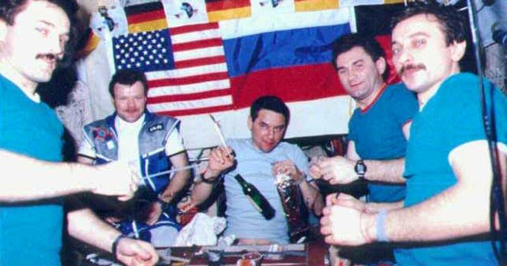 Cosmonauts drank cognac on the Mir space station in 1997, hours after a flash fire caused by a collision with an unpiloted supply vehicle nearly forced an emergency evacuation. NASA astronaut Jerry Linenger declined a drink