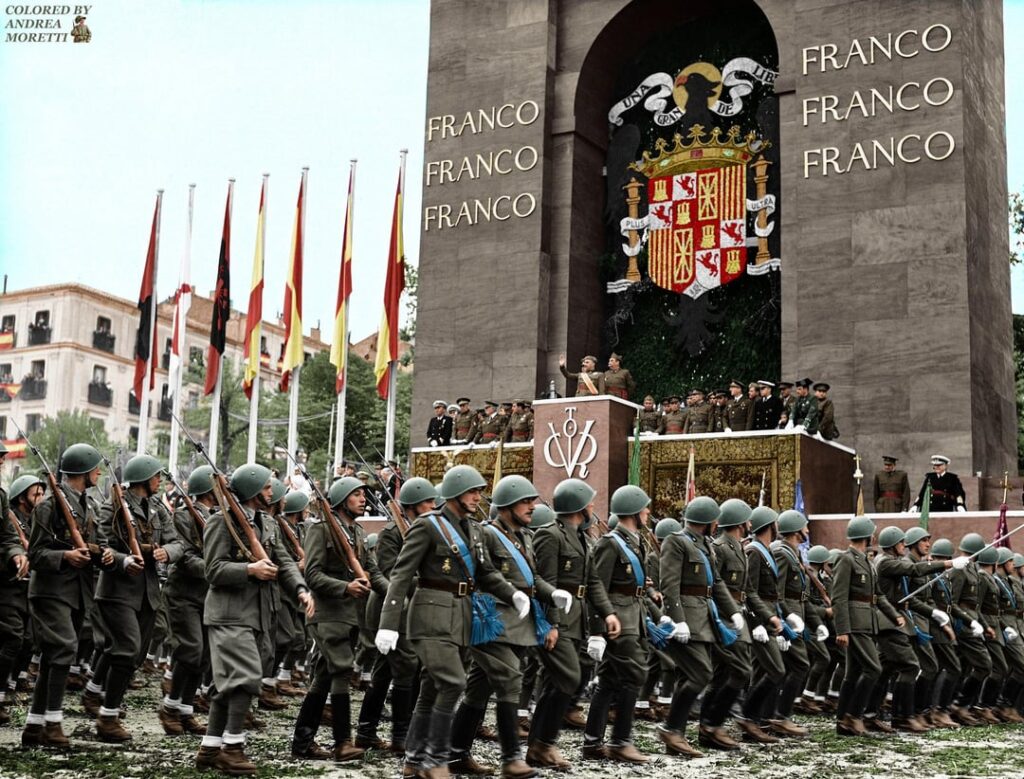 Victory Parade, 1939, Madrid, coloured.  In 1976, the parade changed its name to "Armed Forces Day", and is still celebrated today.