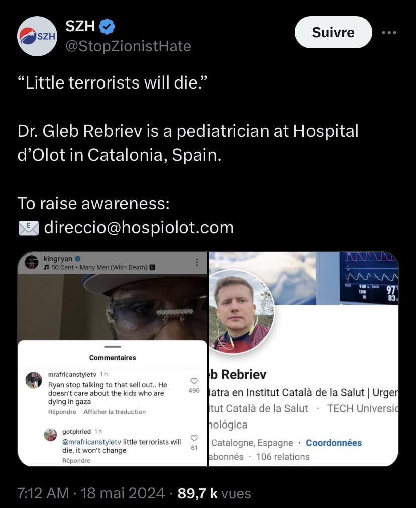 A doctor from Olot (Catalonia) wishes death to Palestinian children and refers to them as terrorists
