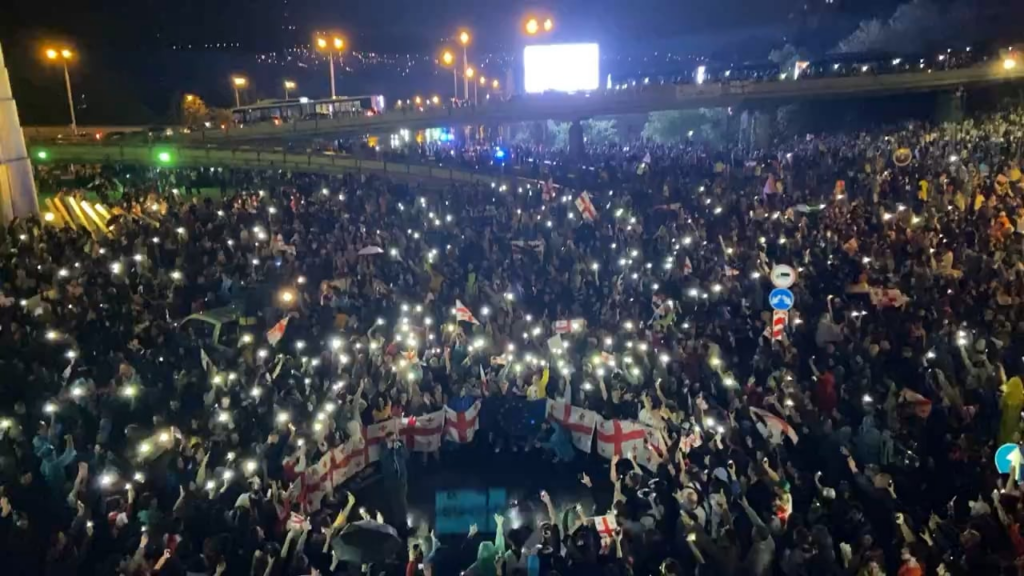 “My homeland, you are the mother of all of us, and I want to sing this song for you” - protesters break out in song as they blockade the main Tbilisi traffic junction today.