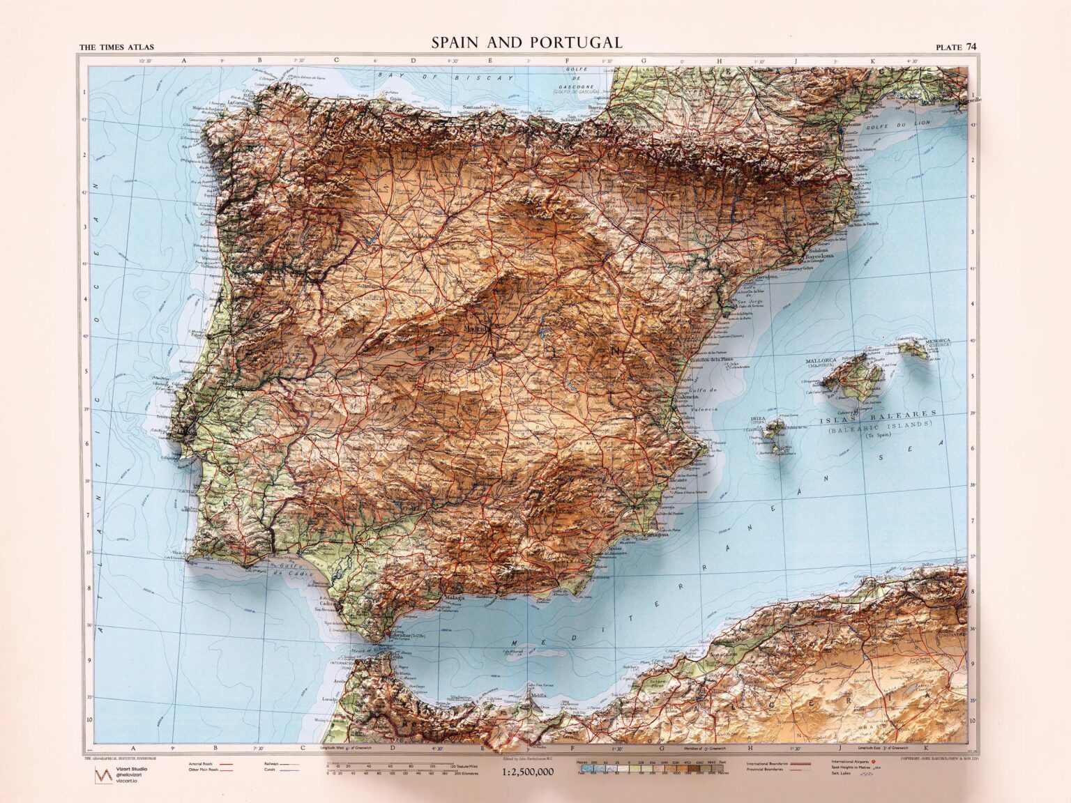 Shaded Relief map of the Peninsula Iberica (from 1956 map)
