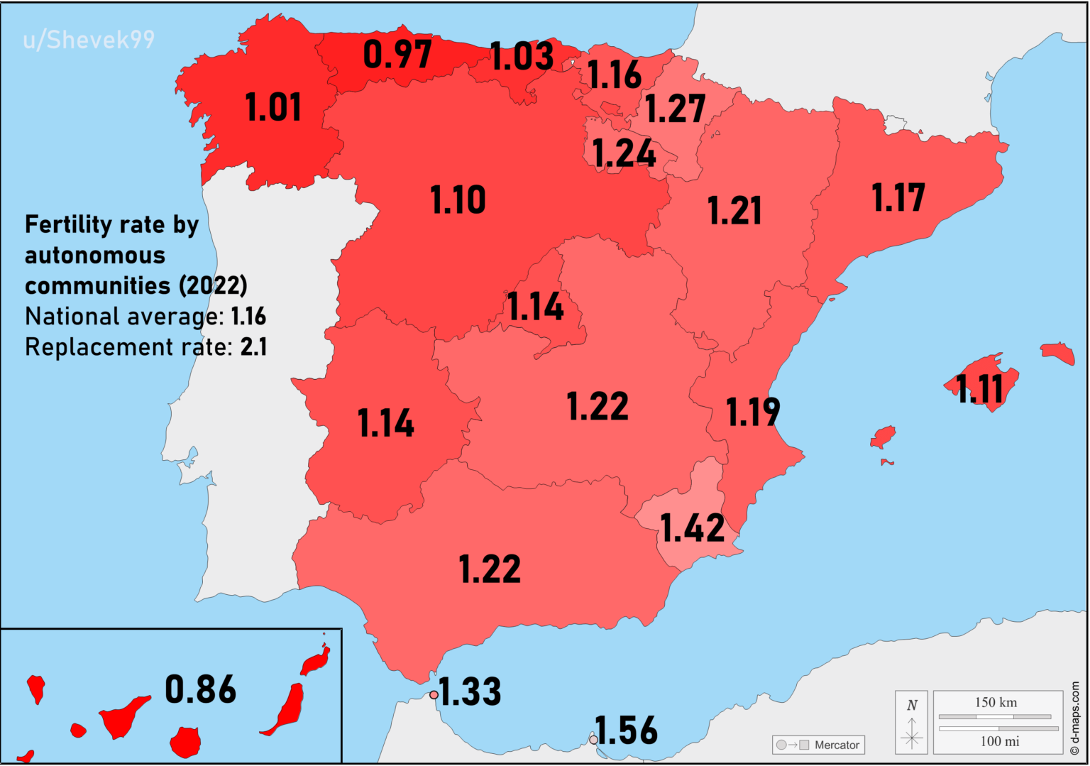 Fertility rate by autonomous communities (2022).  Data source: National Institute of Statistics