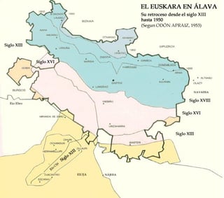The Spanishisation of the Basque province of Araba, century by century. By 1973, there were only around 400 Basque speakers left in the entire province (excluding the town of Aramaio, where Basque was never completely destroyed). Today, there are more than 70,000 (23,5% of the population).