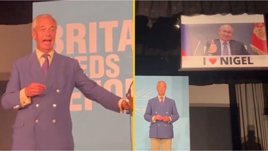 Activists lower Vladimir Putin banner behind Nigel Farage as he gives a speech