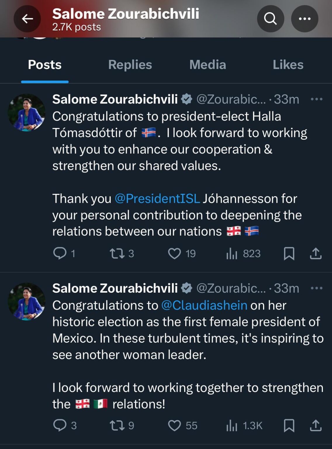 The female President of Georgia congratulating the election of the female Presidents of Iceland and Mexico.