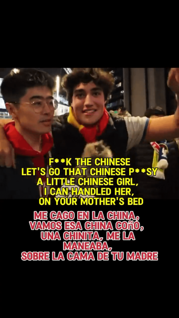 Chinese reporter faces racism by Real Madrid fans during post-game interview, shares emotional response in video. The grandson of Lorenzo Sanz, president of Real Madrid from 1995 to 2000, is the guy with red scarf