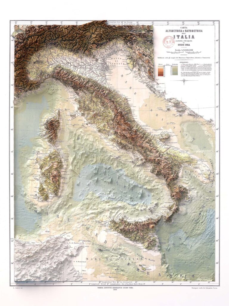 Italia - bathymetric and altimetric map from 1888 with shaded relief