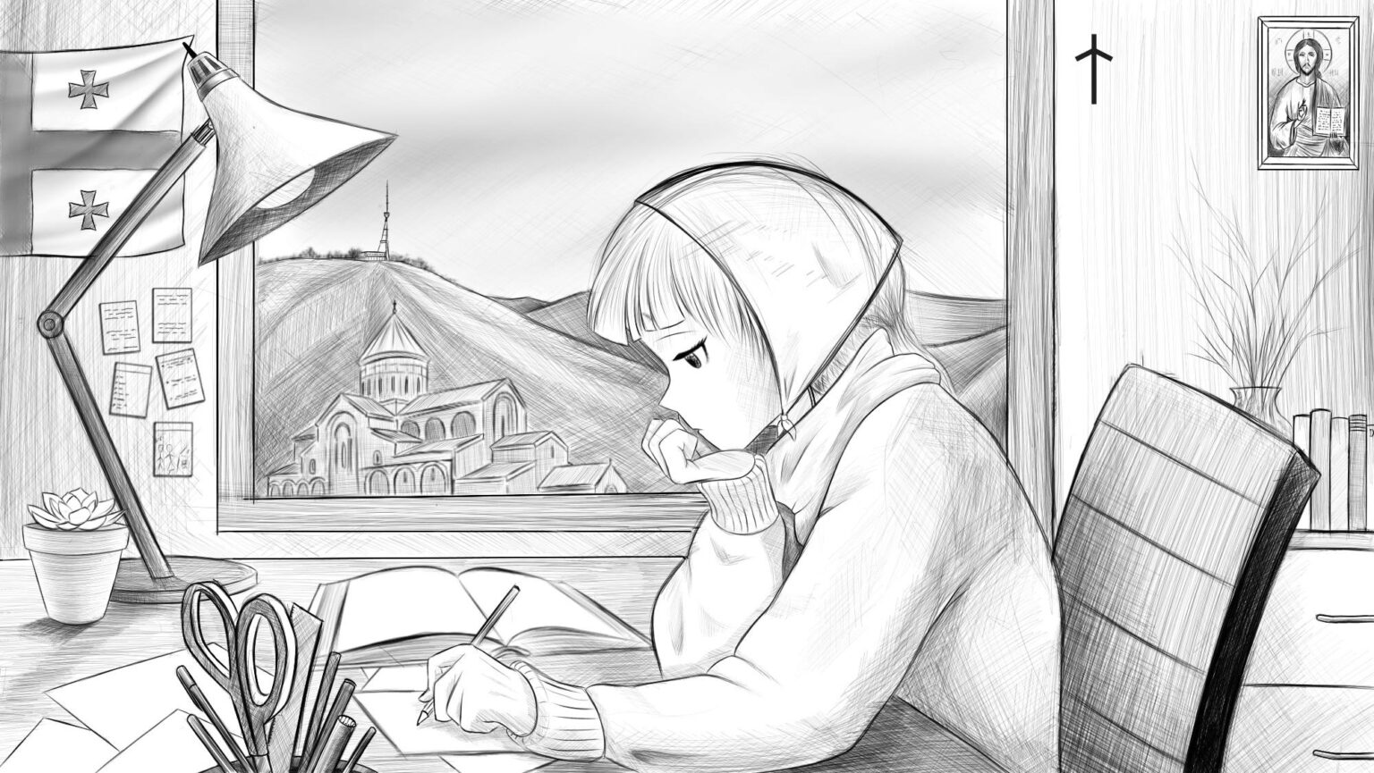 Someone made the suggestion of making a Georgian version of the lofi study girl. The original was from Chilledcow i think. This is just a sketch btw