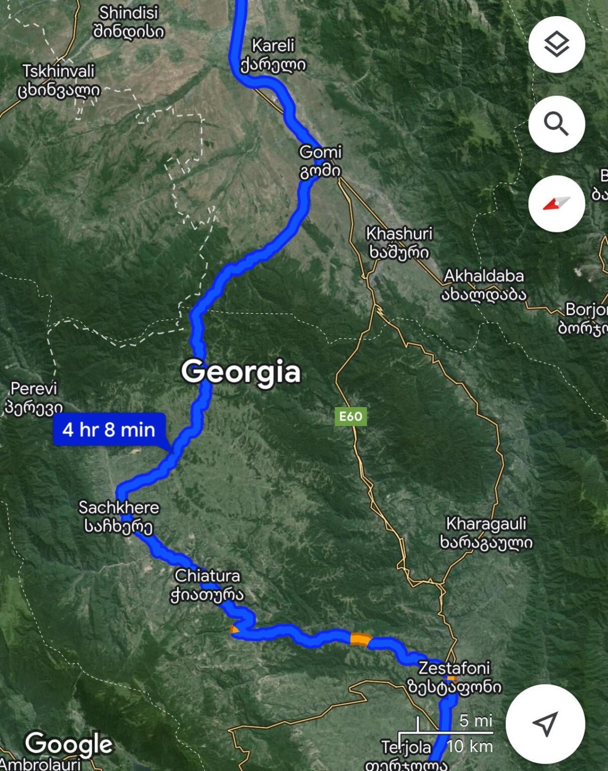 Why Kutaisi to Tbilisi route seem longer, why not from Khashuri? Is there construction work?