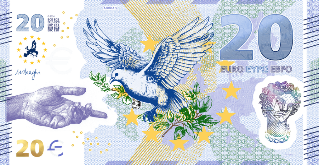 Redesign of the 20 Euro banknote from a third European series. The theme of the design of this banknote is peace and unity. Figures 3 to 11 show the visible security features. Detailed description in the comments. Redesign of the 20 Euro banknote from a third European series. The theme of the design of this banknote is peace and unity. Figures 3 to 11 show the visible security features. Detailed description in the comments.