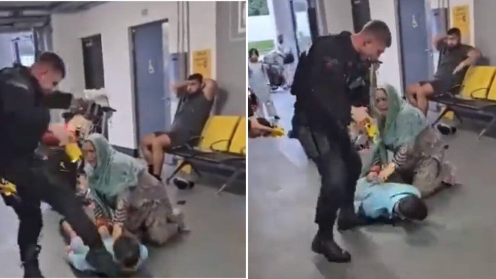 Shocking video shows police officer kicking man's head after 'officers punched to the ground in violent assault'