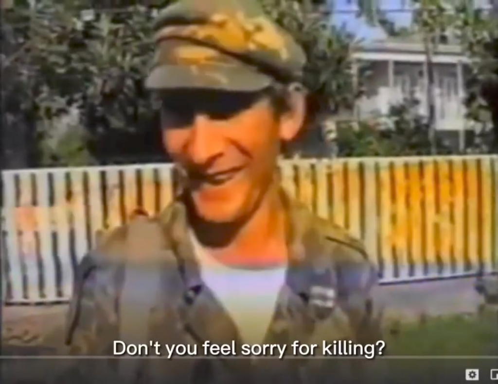 The footage shows how Georgian civilian hostages from Akhaldaba were massacred by pro-Russian Abkhaz separatists and northern caucasian mercenaries just days before the fall of Sukhumi in September 1993.