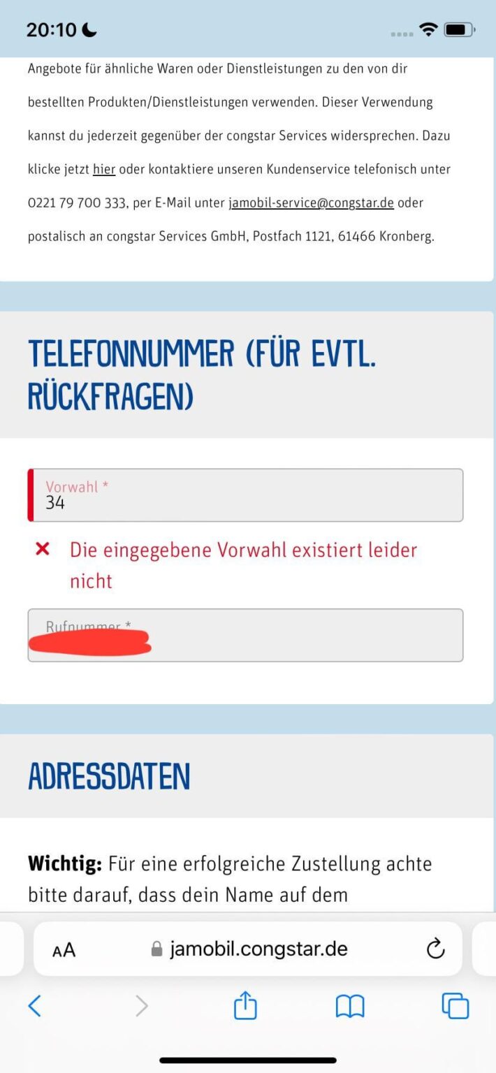 Trying to activate a jamobil card, what I am supposed to put in the vorwahl field? 😭