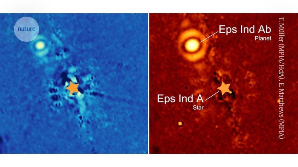 The James Webb Space Telescope has produced the first direct image of another solar system, recording a gas giant orbiting the star Epsilon Indi-A, 12 light years away.
