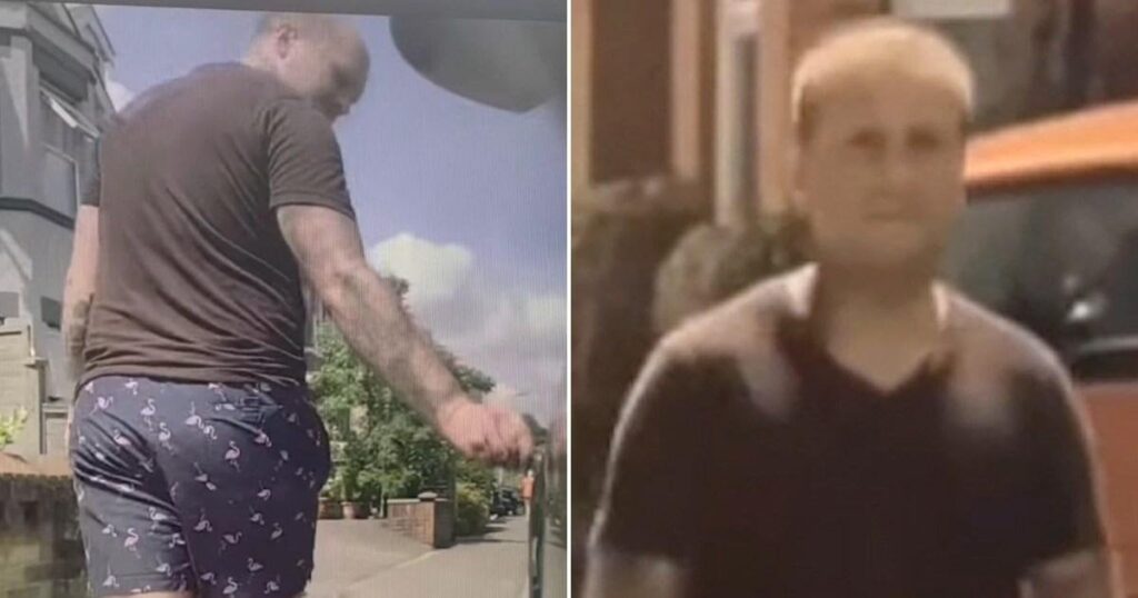 Middle-aged bloke casually keys cars as he walks down street in flamingo shorts