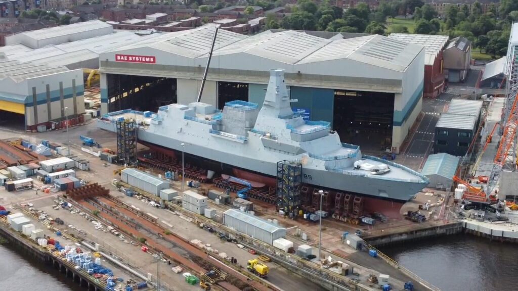 Drone shot of new Royal Navy frigate HMS Cardiff ahead of launch later this month