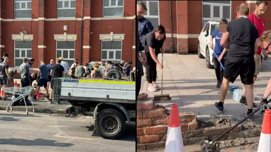 Local heroes help repair damaged mosque wall and clean neighbourhood after riots in Southport last night