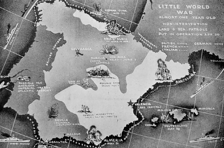 A Little World War - A map published in English-speaking media in 1937 on the situation of the civil war in Spain.
