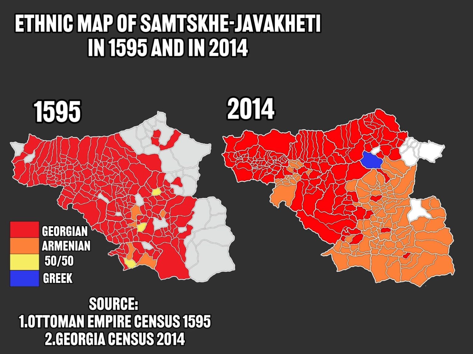 Ethnic map of Samtskhe-Javakheti in 1595 and in 2014