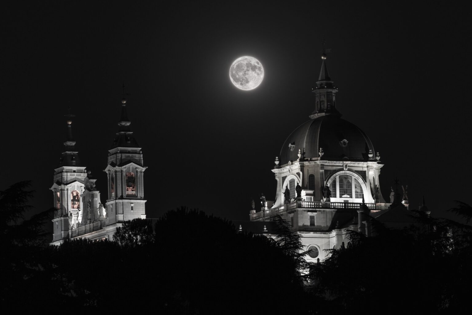 Cathedral in Madrid taken a few nights ago / The moon above the cathedral a few nights ago