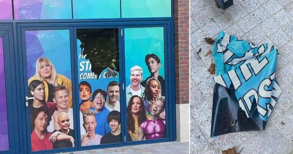 Homophobic vandals tear down advert for UK’s first LGBTQ+ comedy club