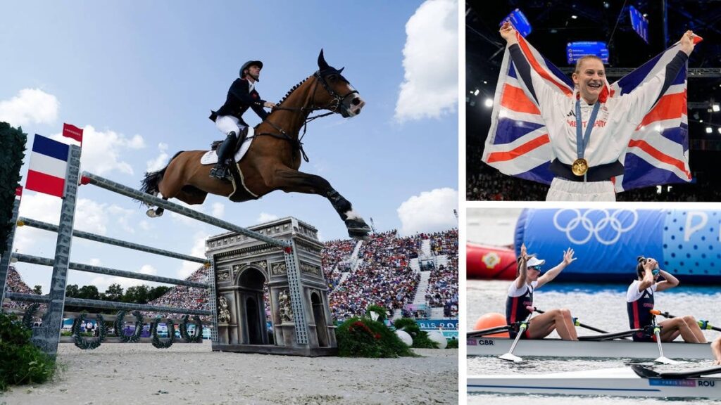 Britain moves up to third in Olympic medal table, with trampolining, rowing and showjumping golds