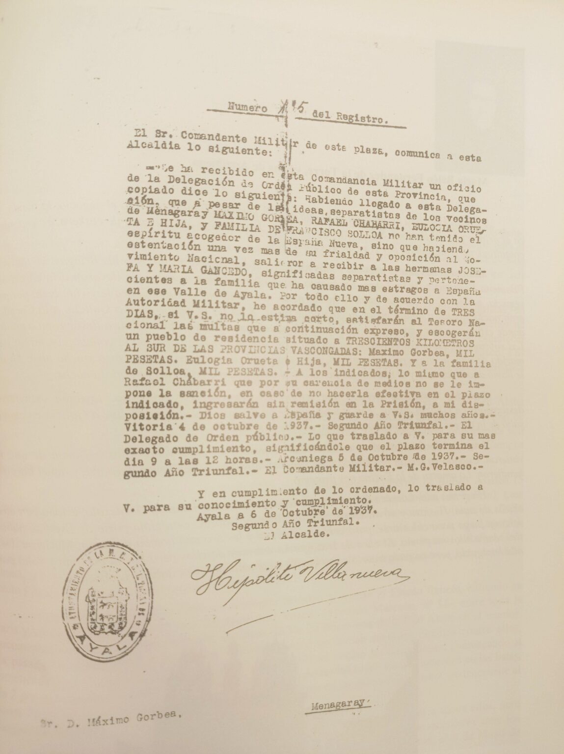 In the Civil War, many families were punished with exile by the rebels who overthrew the Spanish Republic. Such was the case of the residents of the small town of Menagarai, in Araba, Basque Country. This is the expulsion order. In the Civil War, many families were punished with exile by the rebels who overthrew the Spanish Republic. Such was the case of the residents of the small town of Menagarai, in Araba, Basque Country. This is the expulsion order.