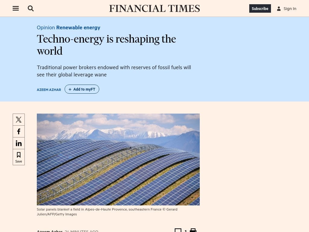 Techno-energy is reshaping the world - As energy changes from being a commodity to being a technology, traditional power brokers endowed with reserves of fossil fuels will see their global leverage wane