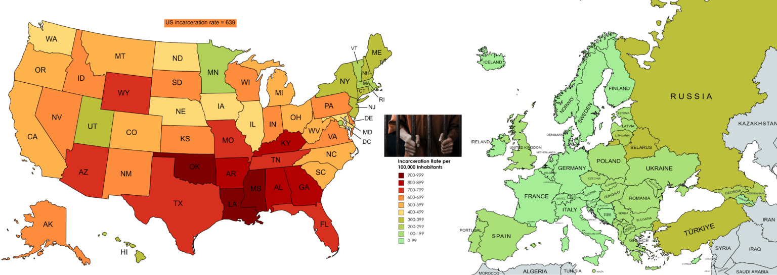 [OC] US incarceration rate compared to European rate. Despite making up only 5% of the world's population, the US is home to around 25% of all convicts worldwide.