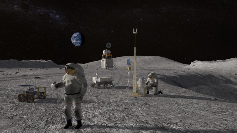 Illustration of two astronauts in white spacesuits working on the moon, with earth in the background.