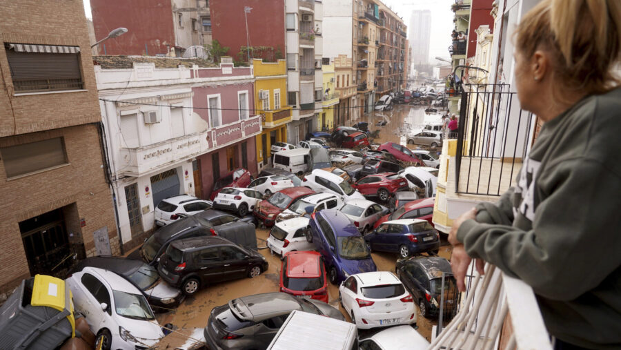 Spain's flash floods cause vehicles to pile up in the street in Valencia, Spain....