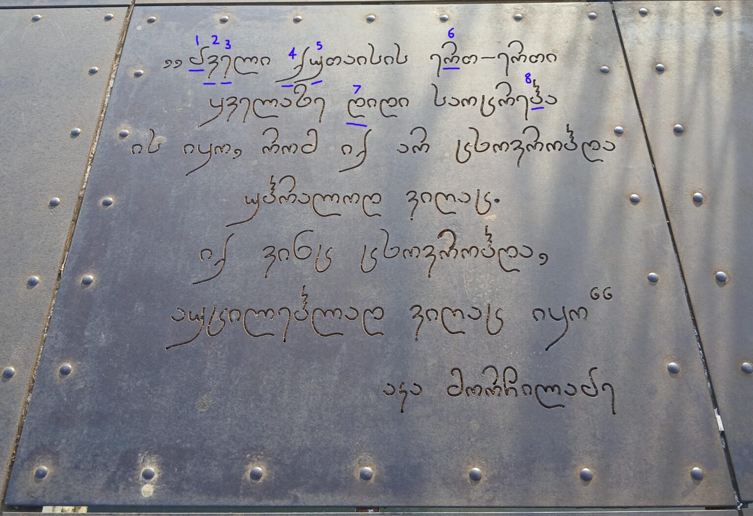 I learnt the Georgian alphabet but I can't identify 8 letters in this unique font. Help?