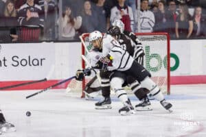 Omaha Maverick forward Alexi Van Houtte-Cachero (17) during a college hockey match against Western Michigan Friay, November 8, 2024 in Omaha, Nebraska. Photo by Jaelle Johnson.