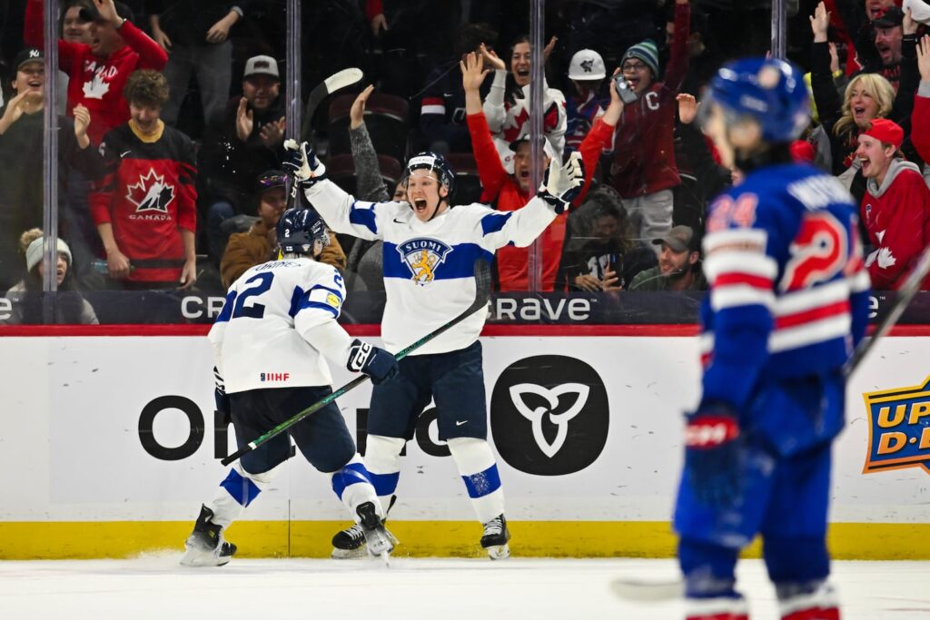 Tuomas Uronen, a 2023 draft pick of the Vegas Golden Knights, celebrates his overtime winner at Canadian Tire Centre.