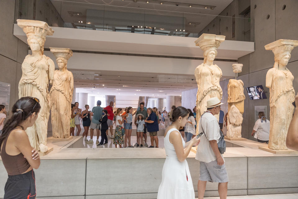 The five Caryatids from Erechtheion temple the Acropolis Museum in Athens in August 2023. (Photo by Steve Christo/Corbis via Getty Images)