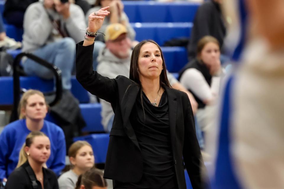 Chippewa coach Katie Miller yells out instructions during their tilt with Medina Highland on Monday afternoon.