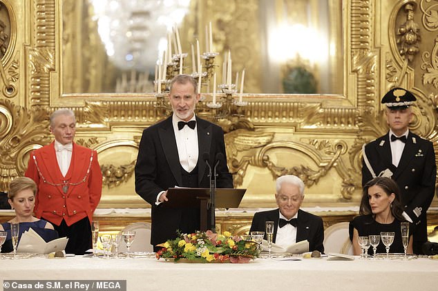 The King, who looked to be in great spirits as he was welcomed with a stunning banquet, also made a speech at the event