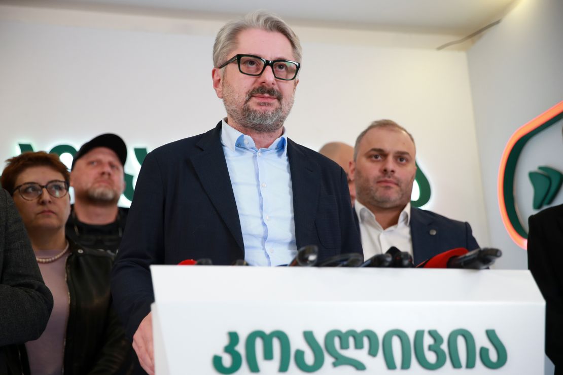 Gvaramia speaks at the coalition's headquarters in Tbilisi after the election results, October 27, 2024.
