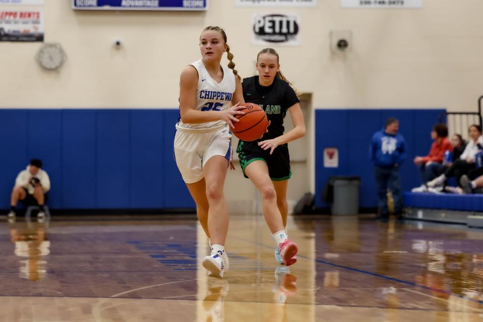 Marshall looks to pass the ball up the floor as she pushes the pace and finished with nine points for Chippewa.