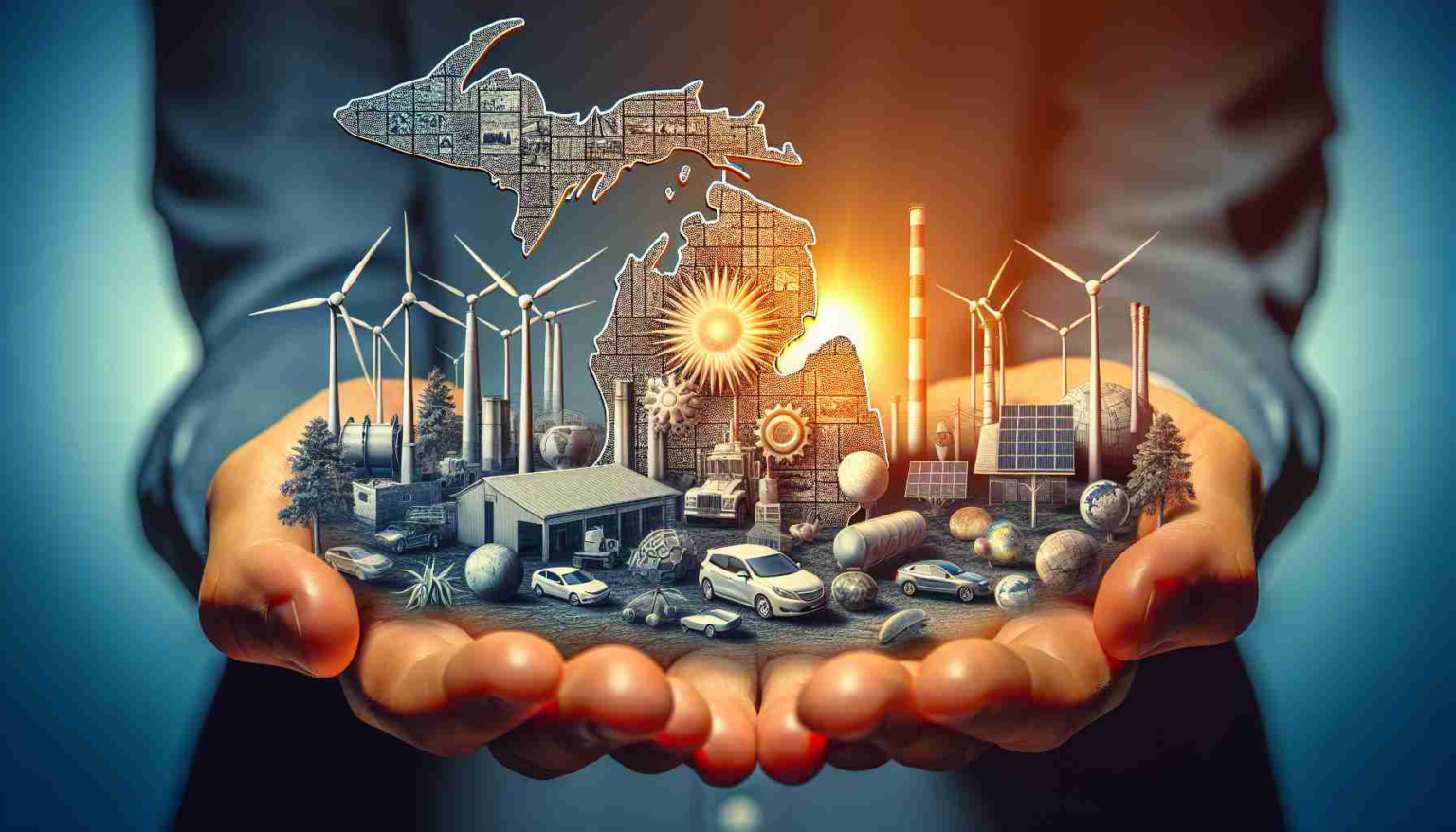 Michigan’s Energy Revolution Exposes Hidden Issues. What’s Next? An HD photo portraying symbolic elements of Michigan's energy revolution, potentially including technological advancements, infrastructure changes and renewable energy sources, subtly revealing associated hidden issues. A hint should imply at the possible future developments.