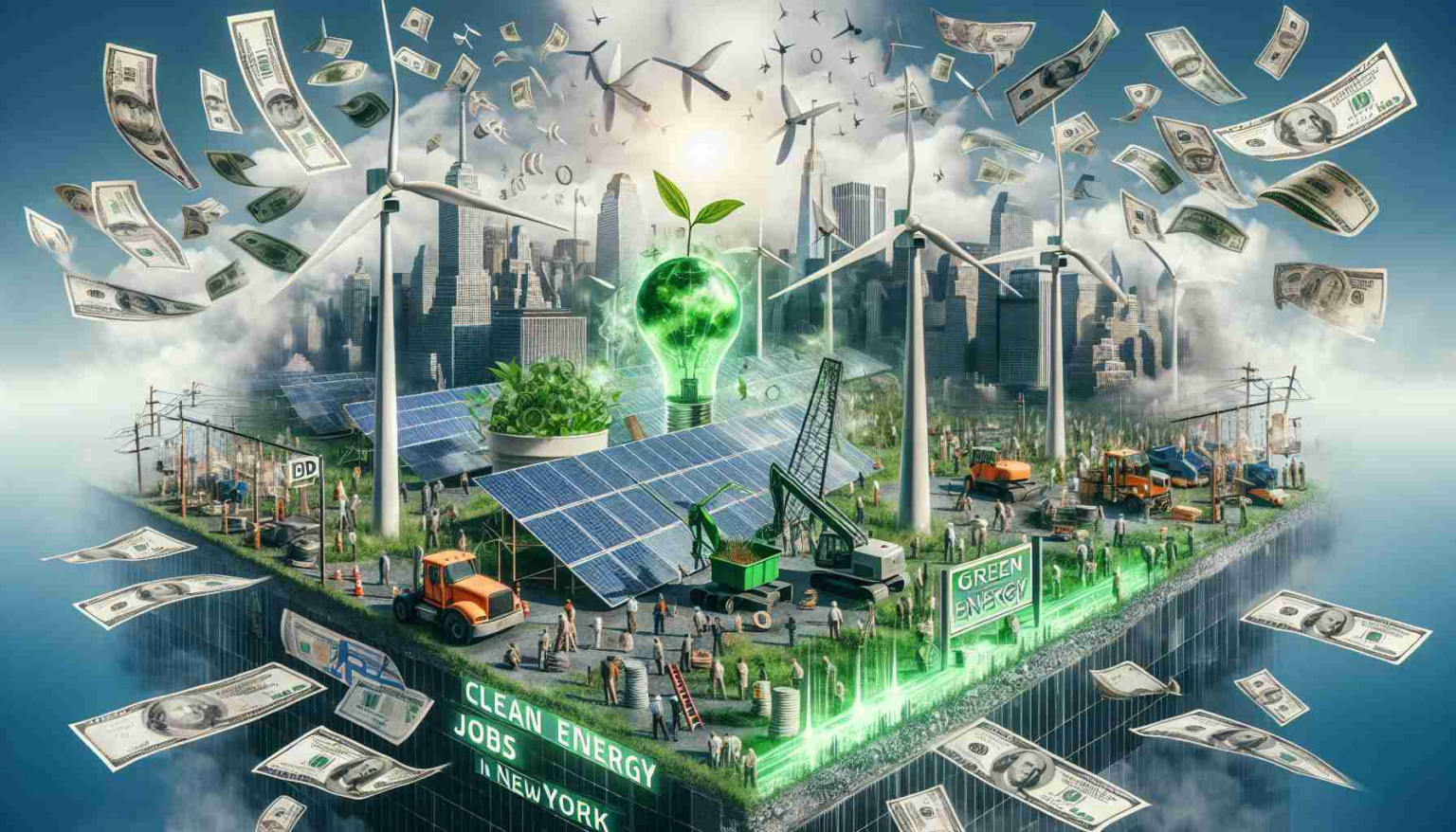 New $45 Million Move! New York Powers Up Clean Energy Jobs! Generate a photo-realistic HD image representing clean energy jobs in New York. The visual should conceptually suggest a significant investment (45 million dollars) into eco-friendly industries. Possible elements could include solar panels, wind turbines, people working on 'green' construction sites, job advertisements for renewable energy companies, and symbolic images of money or investment flowing towards these sectors.