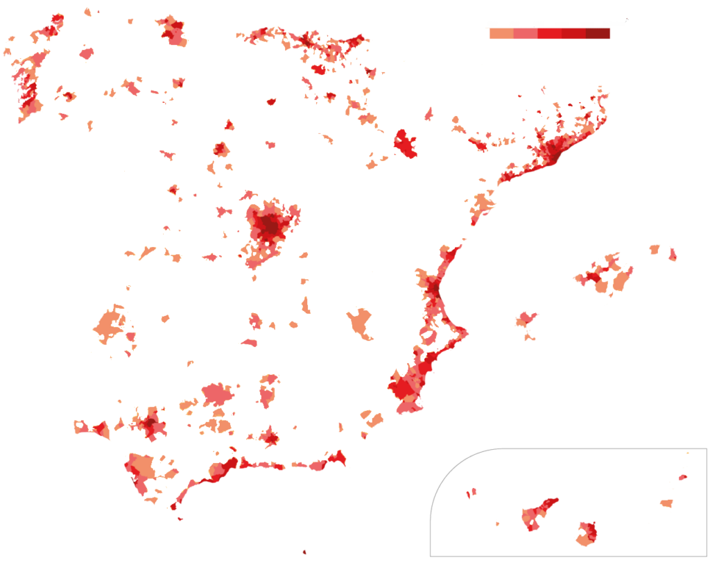 Empty Spain: A map of Spain that only shows municipalities with an average population equal to or greater than the average of the country