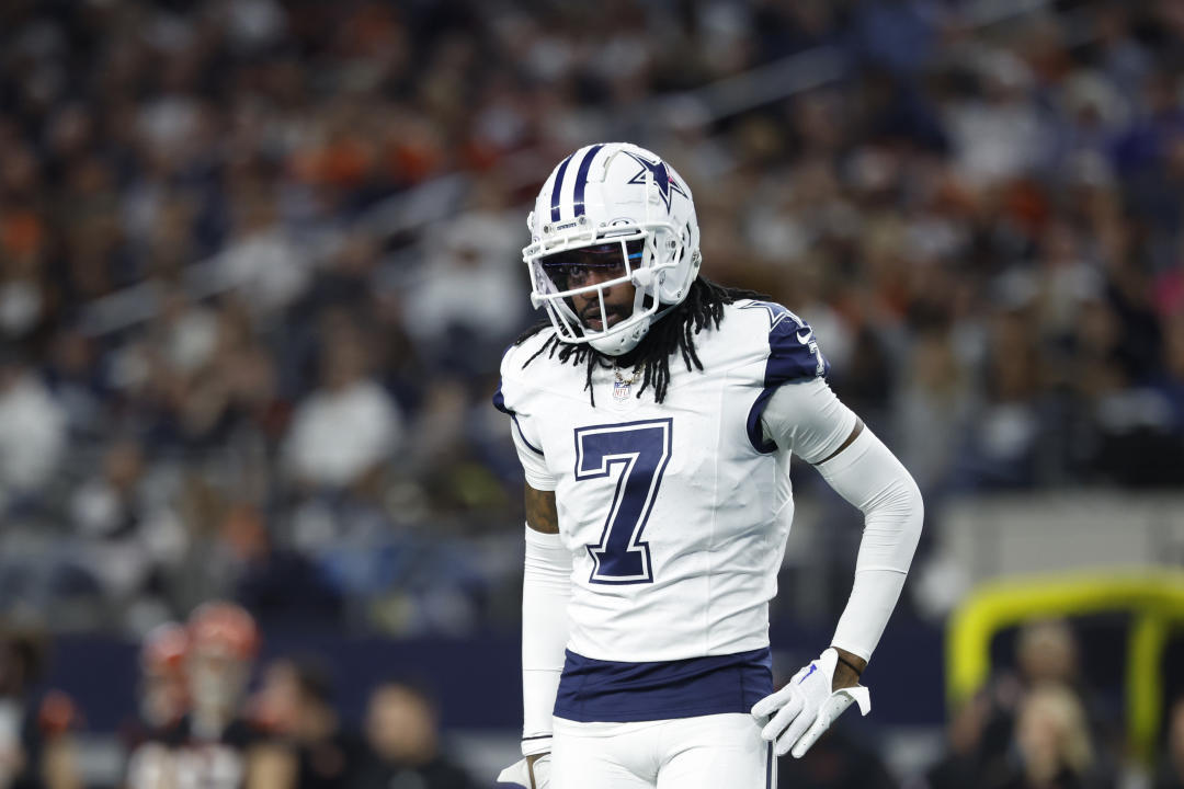Dallas Cowboys defensive back Trevon Diggs (7) during a Monday night NFL football game against the Cincinnati Bengals on Monday, Dec. 9, 2024, in Arlington, Texas. (AP Photo/Matt Patterson)