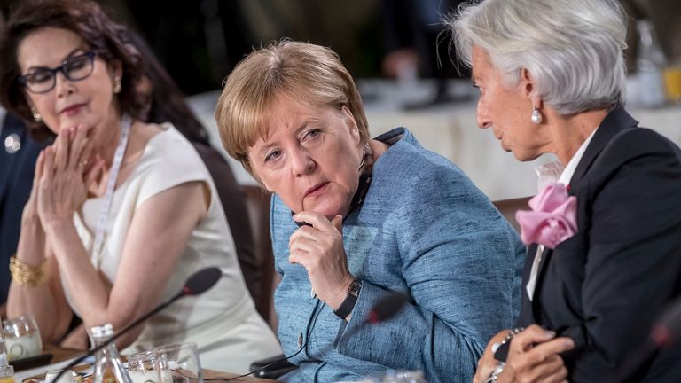 Haddon (Left) with Angela Merkel and Christine Lagarde (Right) during a meeting of the Gender Equality Advisory Council. Pic: Michael Kappeler/picture-alliance/dpa/AP Images
