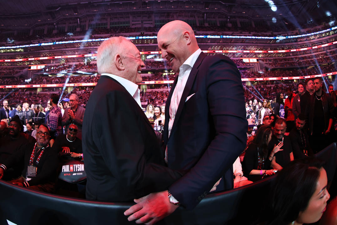 ARLINGTON, TEXAS - NOVEMBER 15: (L-R) Jerry Jones and Jason Witten attend LIVE On Netflix: Jake Paul vs. Mike Tyson at AT&T Stadium on November 15, 2024 in Arlington, Texas. (Photo by Sarah Stier/Getty Images for Netflix © 2024)