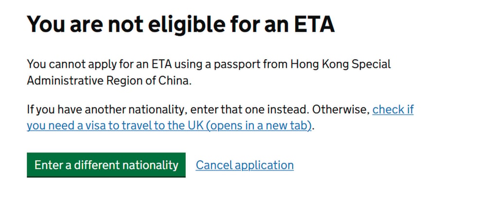 A screenshot of the information page that triggers when applicants attempt to list their nationality or passport place of issue as Hong Kong. Photo: Handout