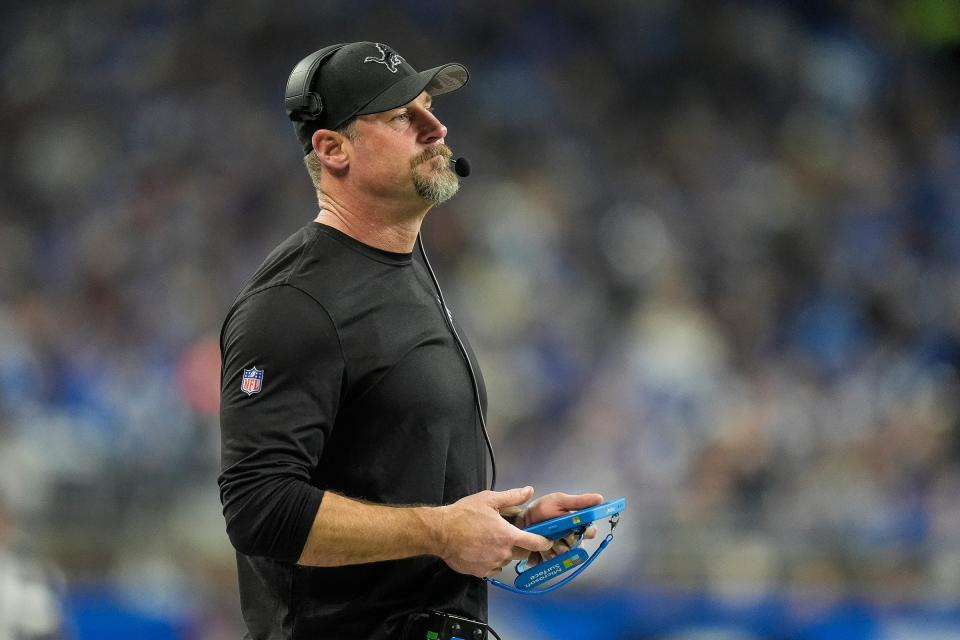 Detroit Lions head coach Dan Campbell watches a play against Washington Commanders during the first half of the NFC divisional round at Ford Field in Detroit on Saturday, Jan. 18, 2025.